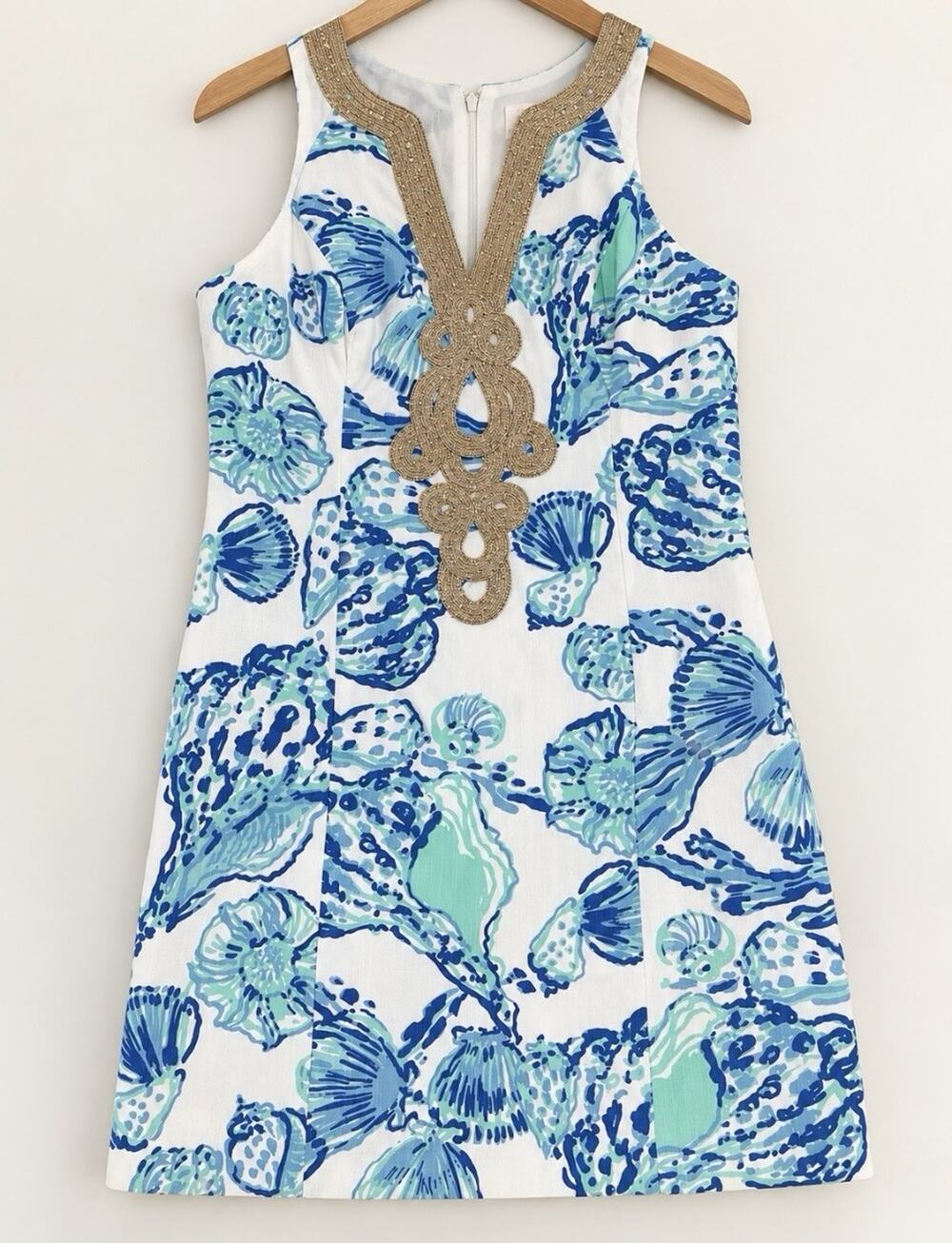 Lilly Pulitzer Emery Shift Dress 6 Barefoot Princess print Blue White Gold